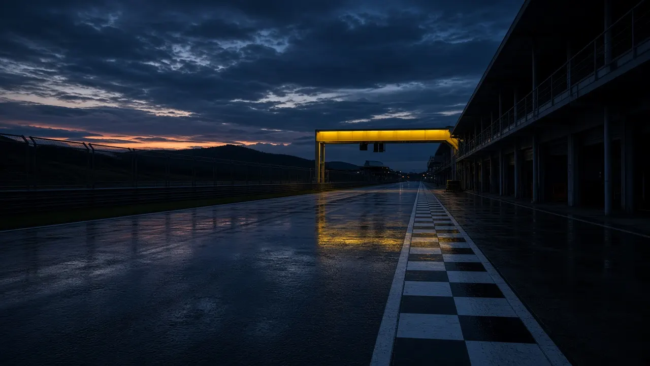 Dusk pit lane in Australia with a chequered kerb and a yellow timing gantry