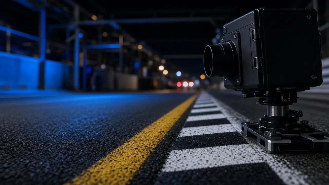 Night finish line with timing equipment, a yellow painted line and a chequered kerb