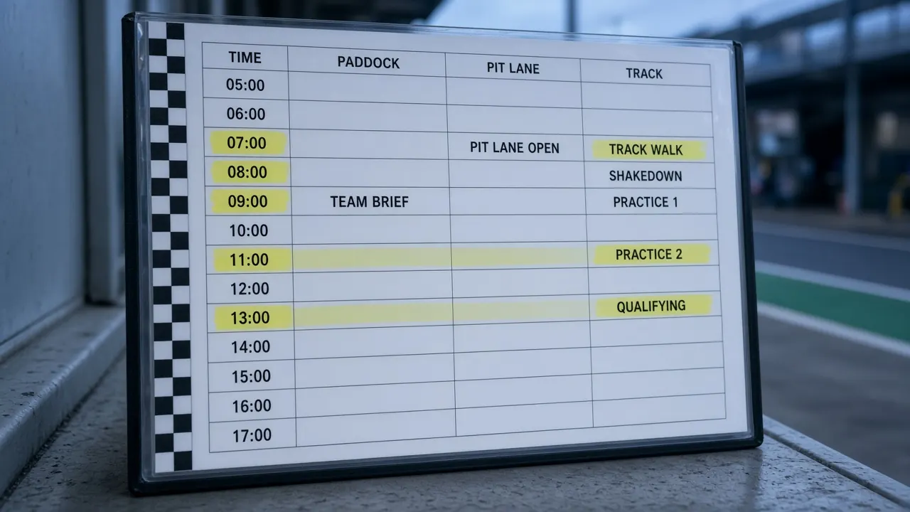 Pit-wall notes and a weekend schedule board with no readable event names