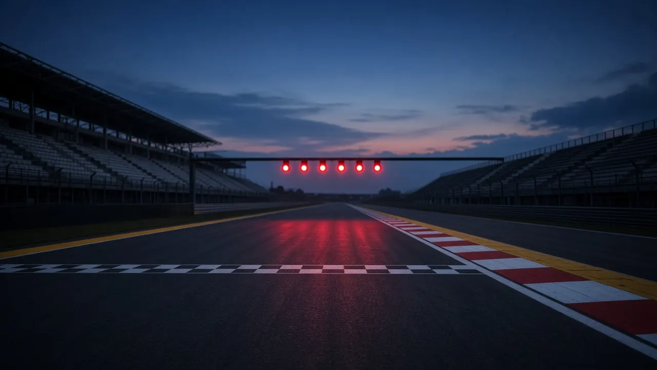 Twilight start-finish straight with red lights reflected on asphalt